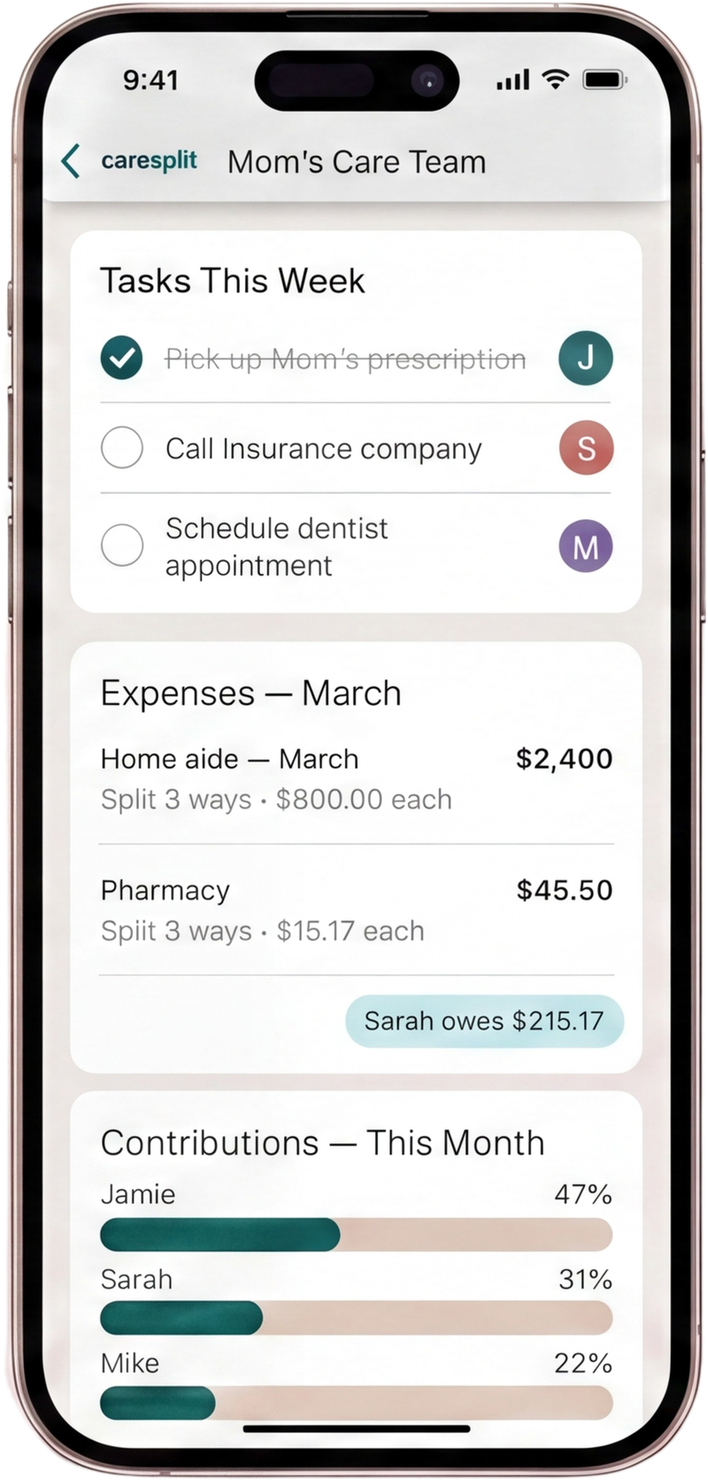 CareSplit app showing task list, expense tracking, and family contribution dashboard